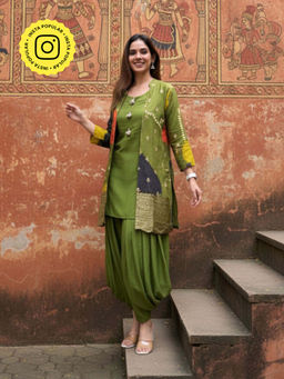 Ishnya - Women Viscose Embroidered Green Kurta with Jacket and Salwar Pant