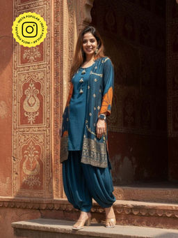 Ishnya - Women Viscose Embroidered Teal Kurta with Jacket and Salwar Pant