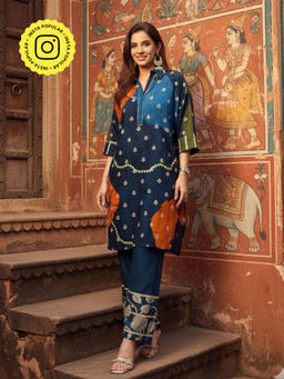 Ishnya - Women Viscose Printed Blue Kurta with Pant