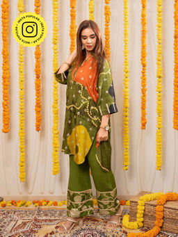 Ishnya - Women Viscose Printed Olive Kurta with Pant