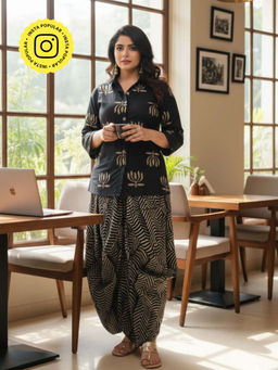Ishnya - Women Cotton Flex Printed Black Shirt with Skirt