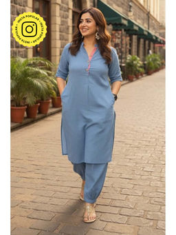 Ishnya - Women Cotton Slub Solid/Plain Kurta and Pant