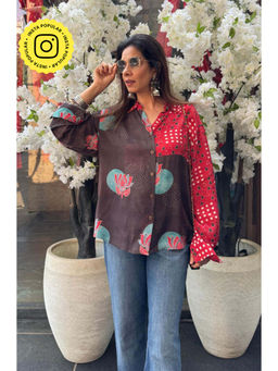 Ishnya - Aura-Brown and Red Lotus Printed Oversized Shirt