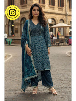 Ishnya - Women Blue Chanderi Printed Kurta With Pant And Dupatta
