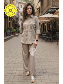 Ishnya - Rozana - Caramel Taupe Embroidered Shirt and Pant Set