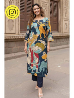 Ishnya - Printed Straight Fit Navy Blue Kurta With Pant