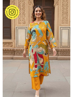 Ishnya - Printed Straight Fit Yellow Kurta With Pant