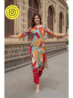 Ishnya - Printed Straight Fit Red Kurta With Pant