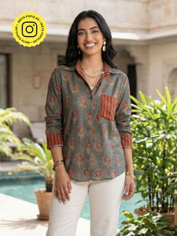 Ishnya - Jazba- Sage Grey Pocket Printed Shirt