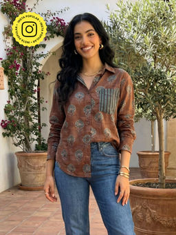 Ishnya - Jazba- Coffee Brown Pocket Printed Shirt