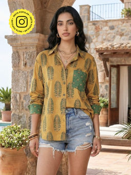 Ishnya - Jazba- Ochre Yellow Leaf Pocket Printed Shirt