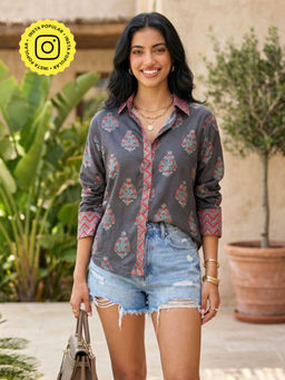 Ishnya - Jazba-Charcoal Grey Floral Motif Shirt