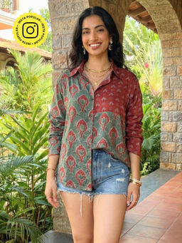 Ishnya - Jazba-Green Lotus Dual Printed Shirt