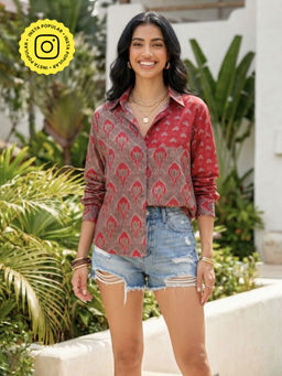 Ishnya - Jazba-Mocha Red Lotus Dual Printed Shirt