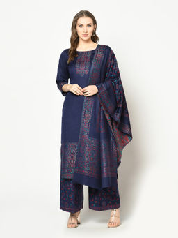 Safaa - Navy Blue Self Design Woollen Unstitched Dress Material (Set of 3)