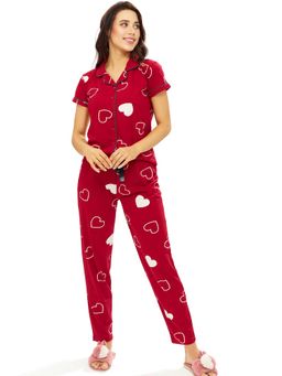 LOTIK - Womens Cotton Red Heart Printed Front Open Half Sleeve Nightsuit Set