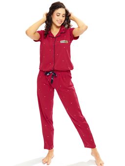 LOTIK - Womens Cotton Maroon Heart Printed Front Open Half Sleeve Nightsuit Set