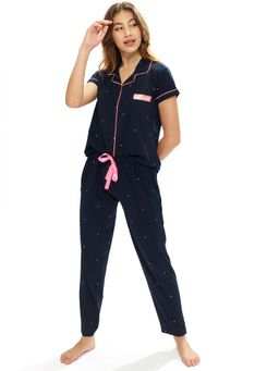 LOTIK - Womens Cotton Blue Heart Printed Front Open Half Sleeve Nightsuit Set