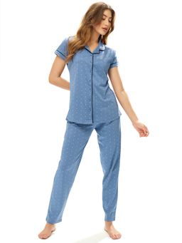 LOTIK - Womens Cotton Blue Triangle Printed Front Open Half Sleeve Nightsuit Set