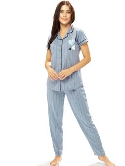 LOTIK - Womens Cotton Blue Strips Printed Front Open Half Sleeve Nightsuit Set