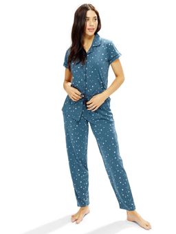 LOTIK - Womens Cotton Petrol Blue Star Printed Front Open Half Sleeve Nightsuit Set