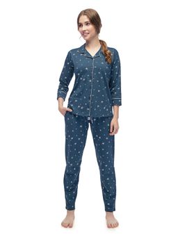LOTIK - Womens Cotton Peacock Blue Star Printed Front Open Full Sleeve Nightsuit Set
