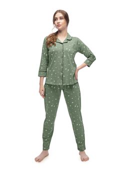 LOTIK - Womens Cotton Green Star Printed Front Open Full Sleeve Nightsuit Set