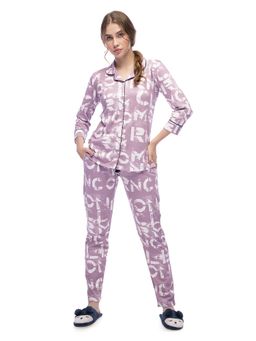 LOTIK - Womens Cotton Pink Printed Front Open Full Sleeve Nightsuit Set