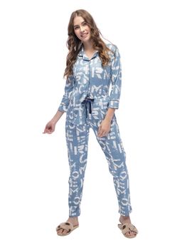 LOTIK - Womens Cotton Blue Printed Front Open Full Sleeve Nightsuit Set