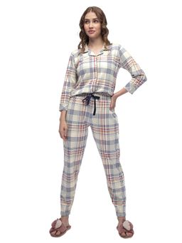 LOTIK - Womens Cotton Checks Printed Front Open Full Sleeve Nightsuit Set