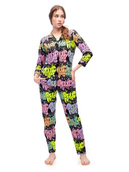 LOTIK - Womens Cotton Multi Colour Good Vibes Printed Full Sleeve Nightsuit Set