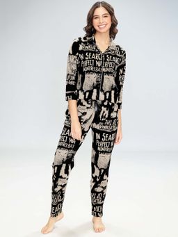 LOTIK - Womens Cotton Black Printed Front Open Full Sleeve Nighsuit Set