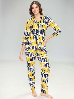 LOTIK - Womens Cotton Yellow-Blue Printed Front Open Full Sleeve Nightsuit Set