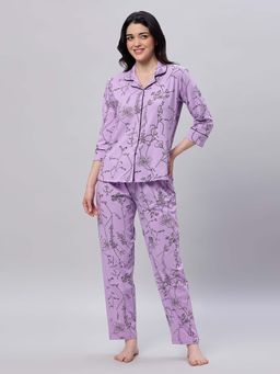 LOTIK - Womens Cotton Purple Floral Printed Front Open Full Sleeve Nightsuit Set