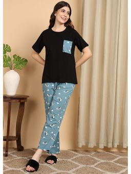 Smarty Pants - Womens Cotton Black Color Round Neck T-Shirt And Panda Print Pajama