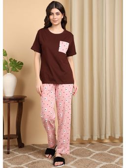 Smarty Pants - Womens Cotton Brown Color Round Neck T-Shirt And Cute Cat Print Pajama