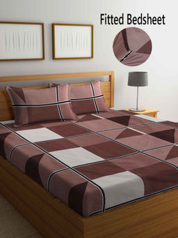 FABINALIV - Brown Geometric 300 TC Cotton Blend Fitted Bedsheet with 2 Pillow Covers (King)