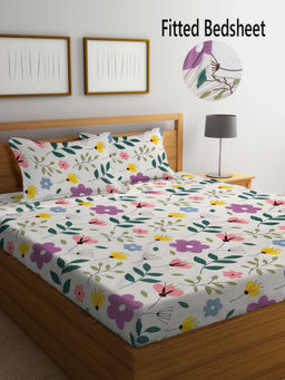 FABINALIV - White Floral 300 TC Cotton Blend Fitted Bedsheet with 2 Pillow Covers (King)