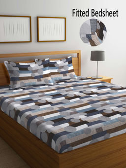 FABINALIV - Multi-Color Geometric 300 TC Cotton Blend Fitted Bedsheet with 2 Pillow Covers (King)