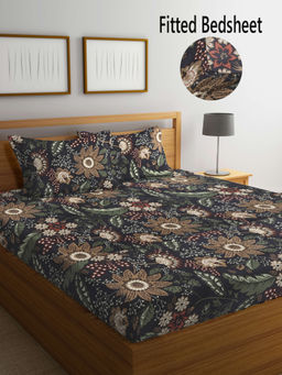 FABINALIV - Black Floral 300 TC Cotton Blend Fitted Bedsheet with 2 Pillow Covers (King)