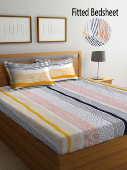 FABINALIV - Multi-Color Striped 300 TC Cotton Blend Fitted Bedsheet with 2 Pillow Covers (King)