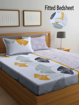 FABINALIV - White Floral 300 TC Cotton Blend Fitted Bedsheet with 2 Pillow Covers (King)