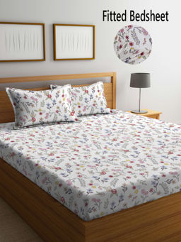 FABINALIV - White Floral 300 TC Cotton Blend Fitted Bedsheet with 2 Pillow Covers (King)