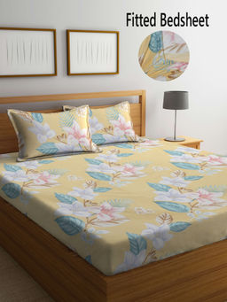 FABINALIV - Yellow Floral 300 TC Cotton Blend Fitted Bedsheet with 2 Pillow Covers (King)
