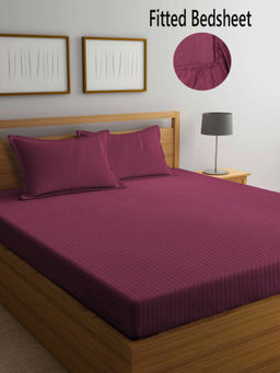 FABINALIV - Maroon Striped 300 TC Cotton Blend Fitted Bedsheet with 2 Pillow Covers (King)