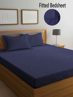FABINALIV - Navy Blue Striped 300 TC Cotton Blend Fitted Bedsheet with 2 Pillow Covers (King)