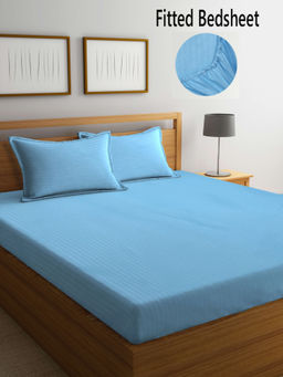 FABINALIV - Sky Blue Striped 300 TC Cotton Blend Fitted Bedsheet with 2 Pillow Covers (King)