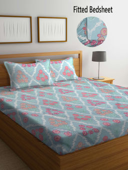 FABINALIV - Blue Floral 300 TC Cotton Blend Fitted Bedsheet with 2 Pillow Covers (King)