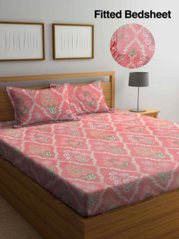 FABINALIV - Pink Floral 300 TC Cotton Blend Fitted Bedsheet with 2 Pillow Covers (King)