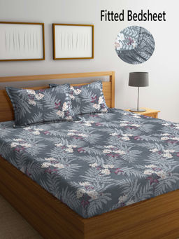 FABINALIV - Grey Floral 300 TC Cotton Blend Fitted Bedsheet with 2 Pillow Covers (King)